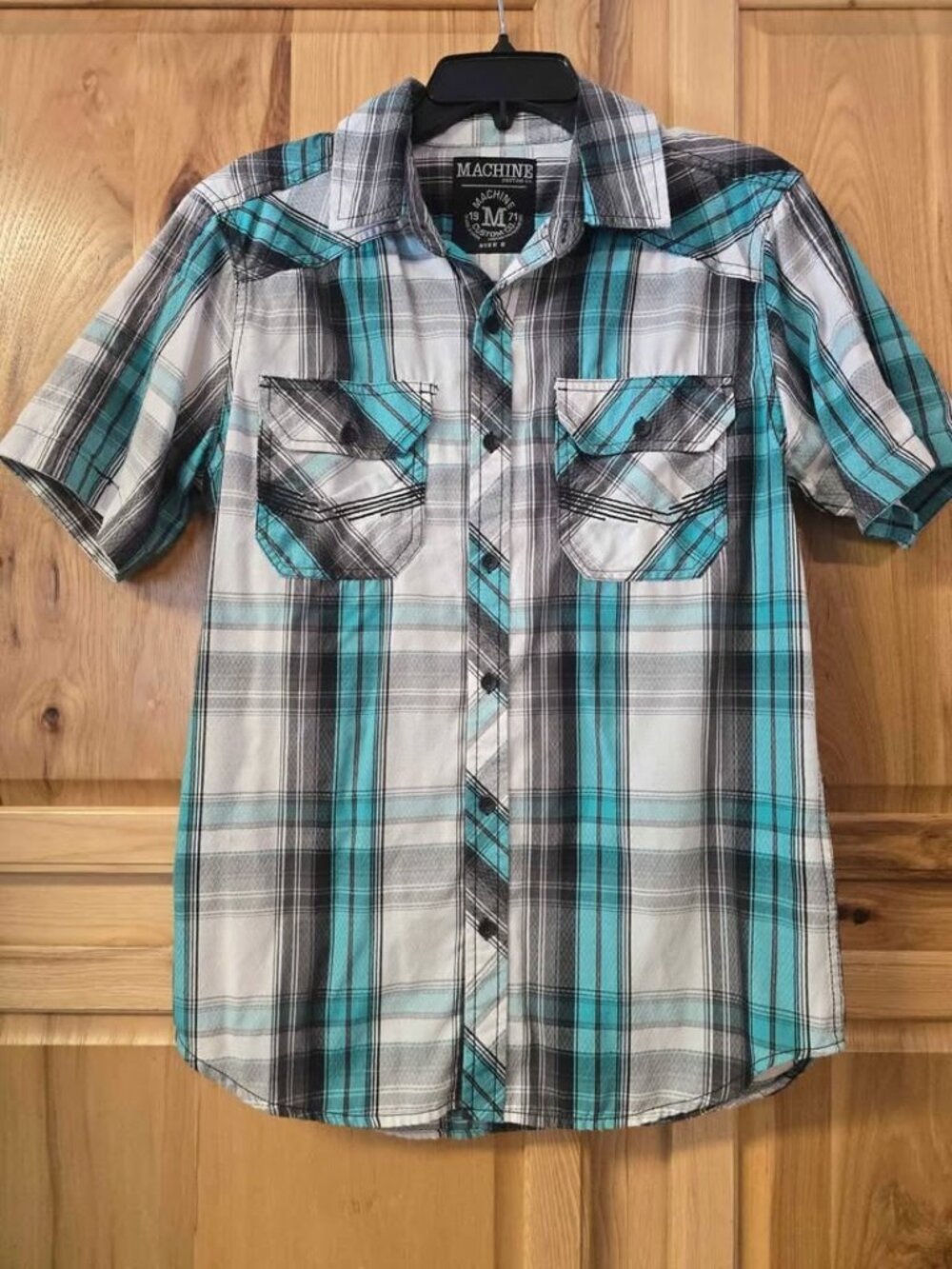 Machine Custom Co Mens Teal Gray Plaid Button-Down Shirt Short Sleeve Size Small
